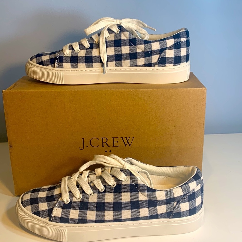 J. Crew Factory Navy Blue Gingham Printed Road Trip Sneakers NEW! - Picture 4 of 8